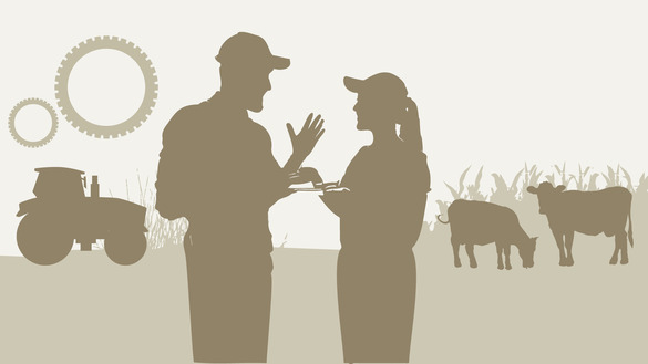 Motiv Frau Mann Gespräch Traktor Kühe